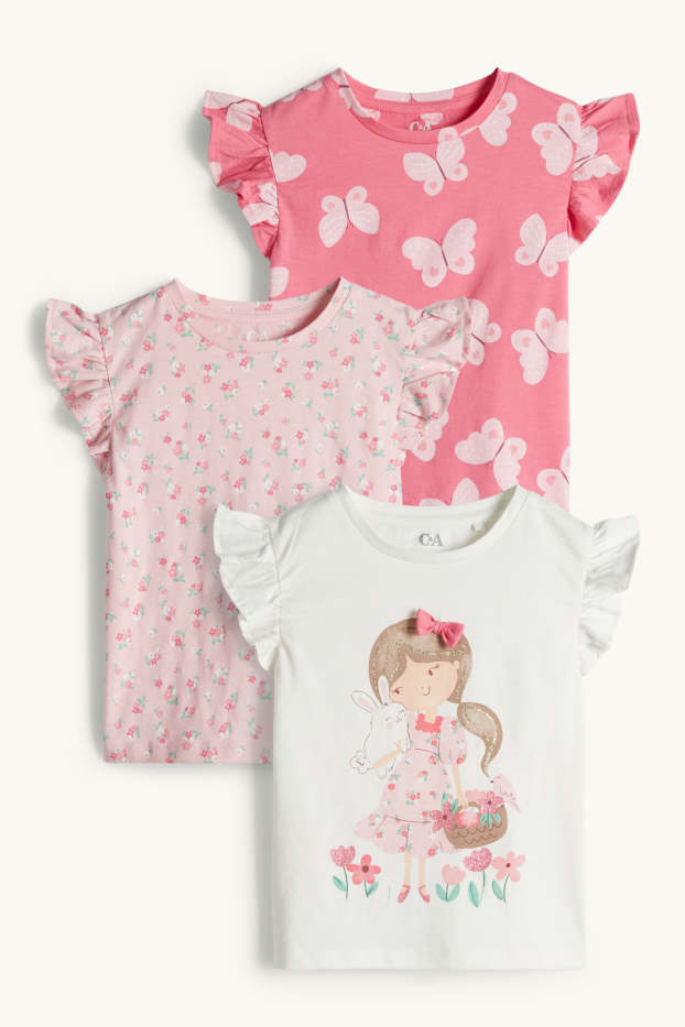 Bambine - Confezione da 3 - bambina e farfalla - maglia a maniche corte - bianco / fucsia