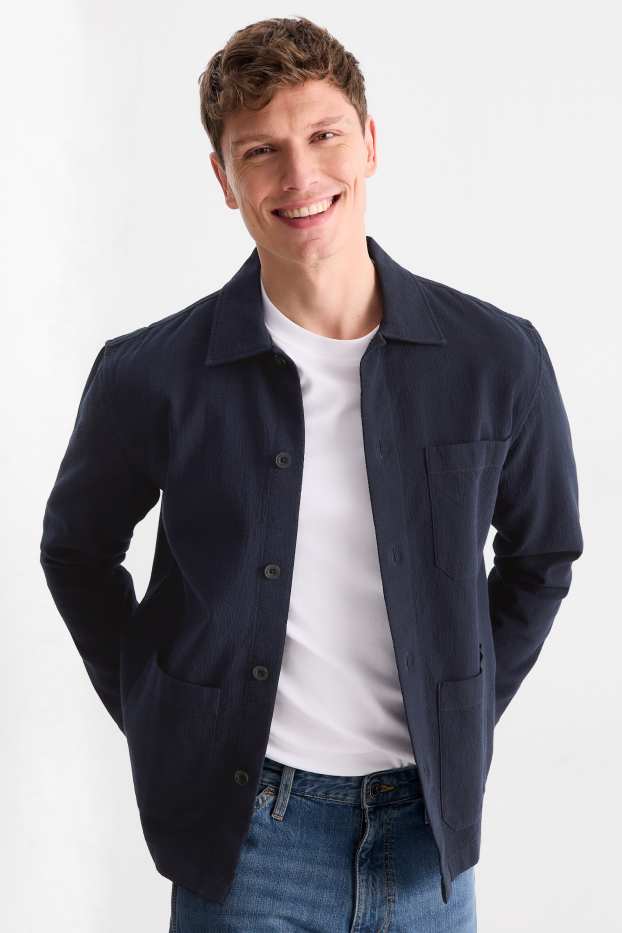 Men - Shirt jacket - relaxed fit - textured - dark blue