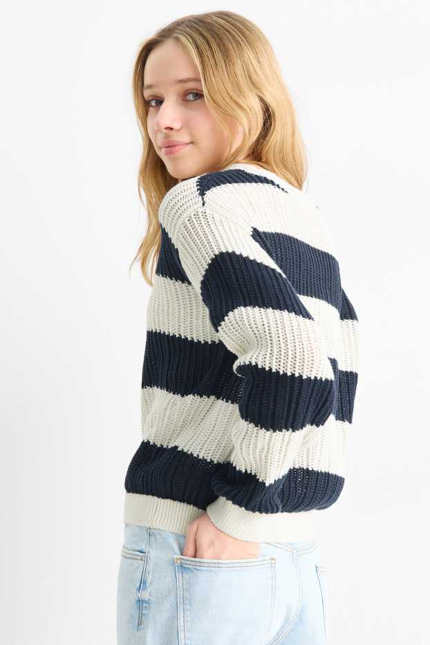 Enfants filles - Pull - finition côtelée - à rayures - blanc / bleu