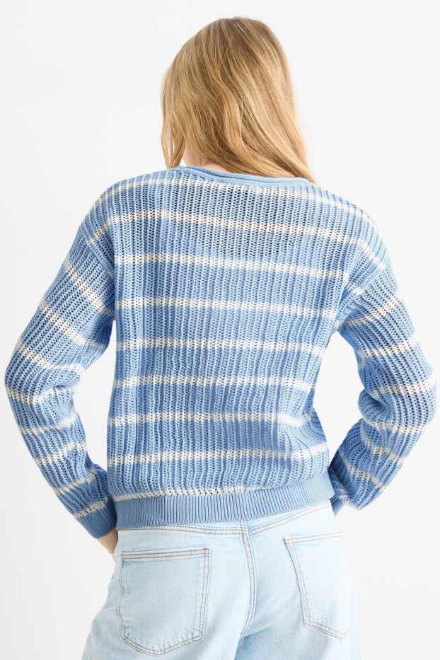 Enfants filles - Pull - finition côtelée - à rayures - blanc / bleu clair