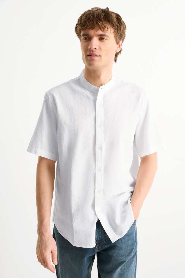 Herren - Hemd - Regular Fit - Stehkragen - Leinen-Mix - weiss