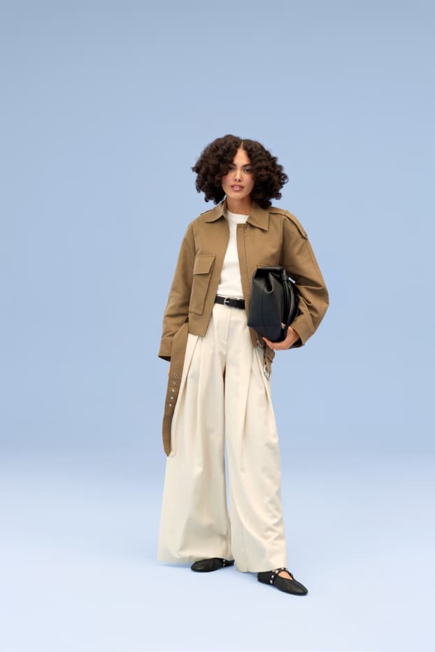 Femmes - Pantalon en toile avec ceinture - high waist - wide leg - beige clair