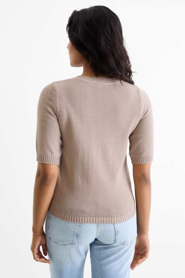 Dames - Gebreide trui - korte mouwen - taupe