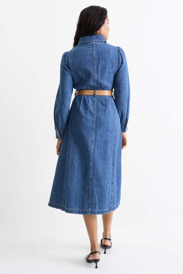 Dames - Denim blousejurk met V-hals en riem - jeansblauw