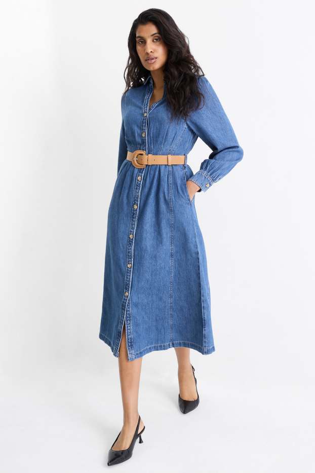 Dames - Denim blousejurk met V-hals en riem - jeansblauw