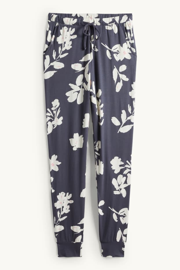 Dona - Pantalons de pijama de viscosa - de flors - blau fosc / blanc trencat