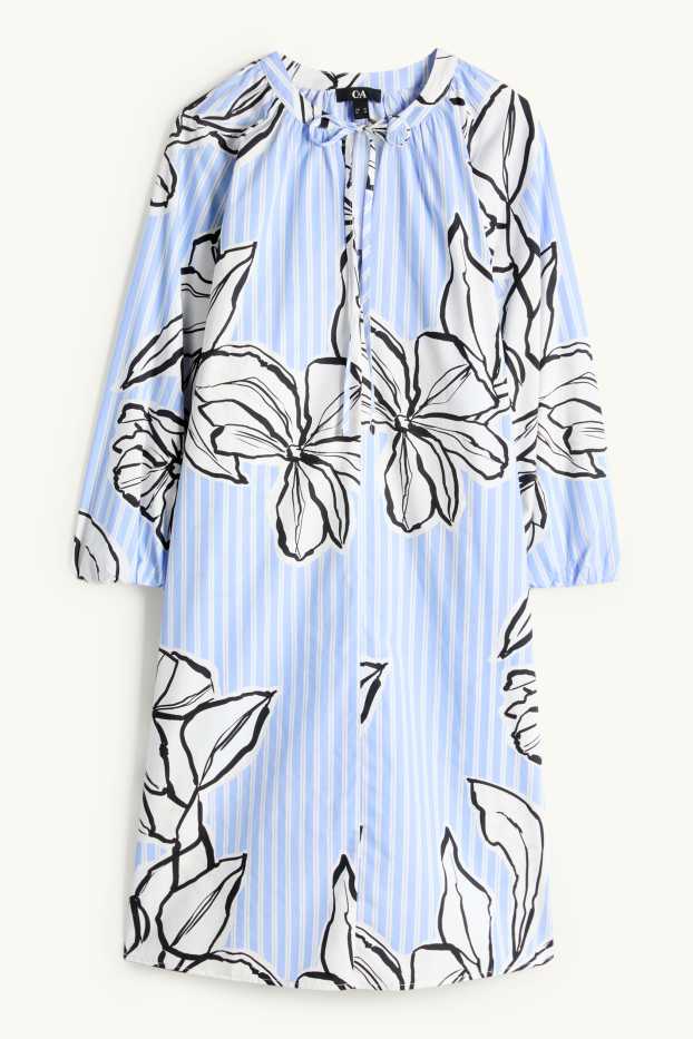 Femmes - Robe évasée - finition à rayures - à fleurs - bleu / blanc