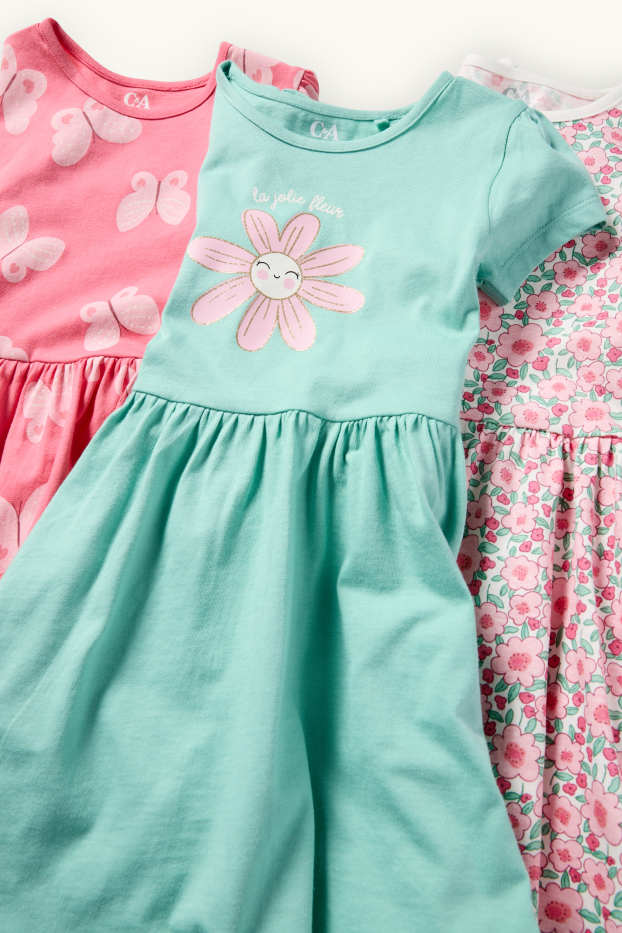 Kinder Mädchen - Multipack 3er - Blume und Schmetterling - Kleid - rosa / türkis