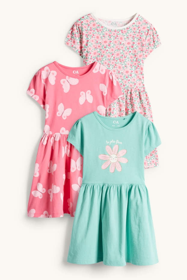 Kinder Mädchen - Multipack 3er - Blume und Schmetterling - Kleid - rosa / türkis