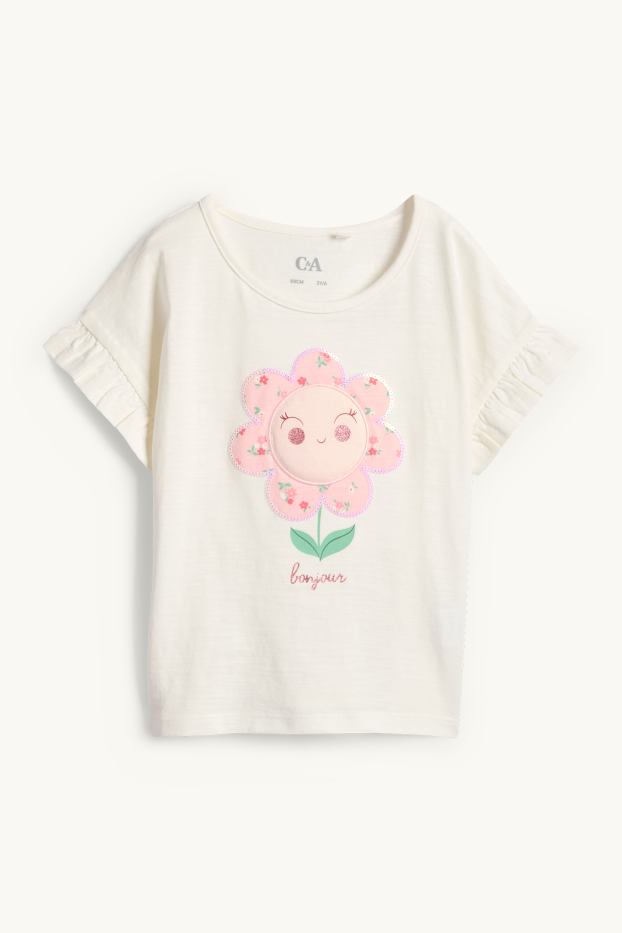 Bambine - Fiore - maglia a maniche corte - effetto brillante - bianco crema
