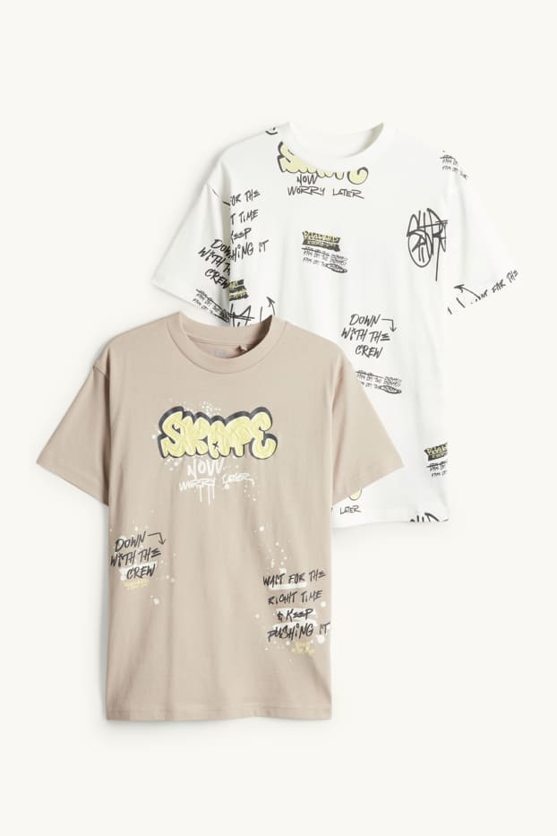 Kinder Buben - Multipack 2er - Graffiti - Kurzarmshirt - weiß / beige
