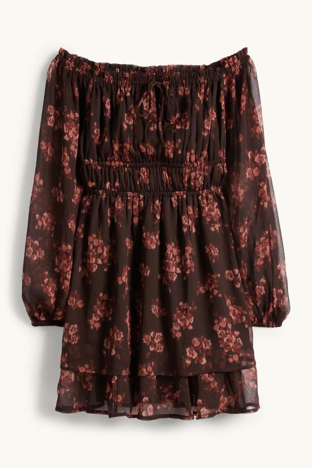 Damen - Empirekleid - geblümt - strukturiert - dunkelbraun