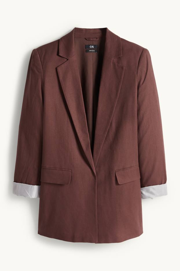 Mujer - Americana larga - regular fit - mezcla de lino - marrón oscuro