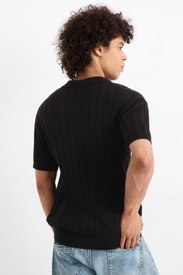 Bărbați - Tricou polo din tricot - regular fit - reiat - negru