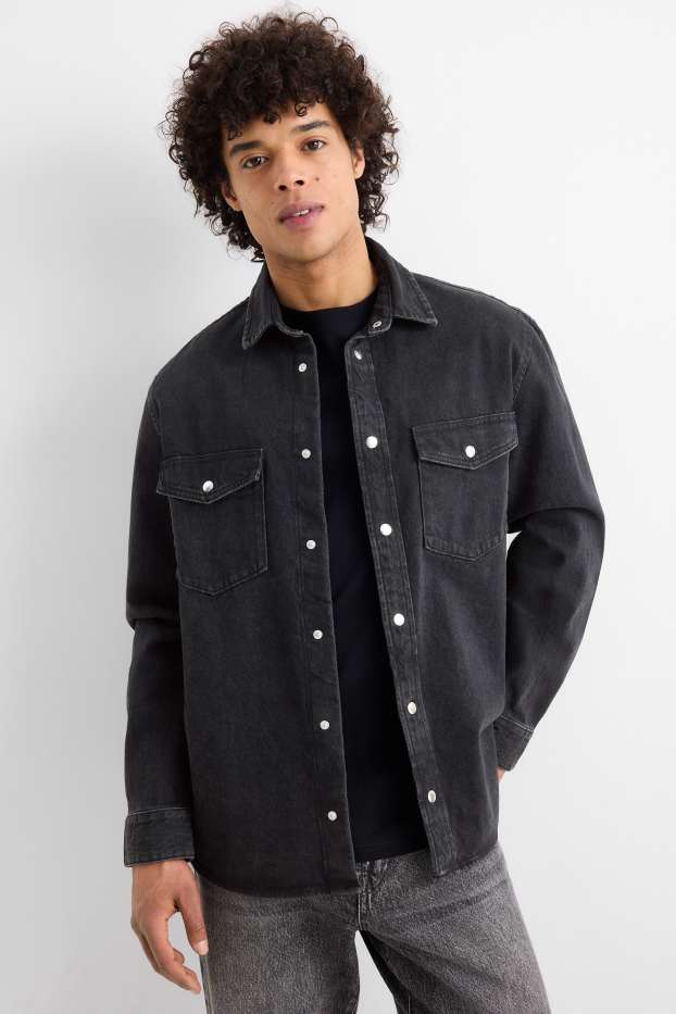 Uomo - Camicia di jeans - oversize - collo all'italiana - jeans grigio scuro