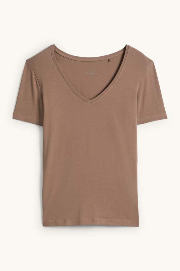 Women - V-neck T-shirt - slim fit - brown