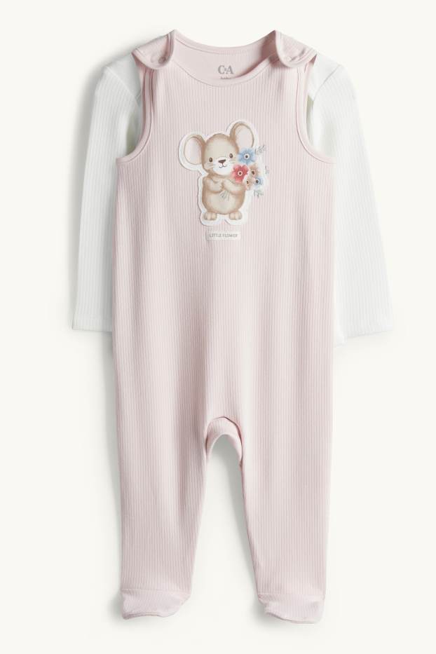 Baby Girls - Little mouse - romper set - ribbed - 2 piece - white / rose