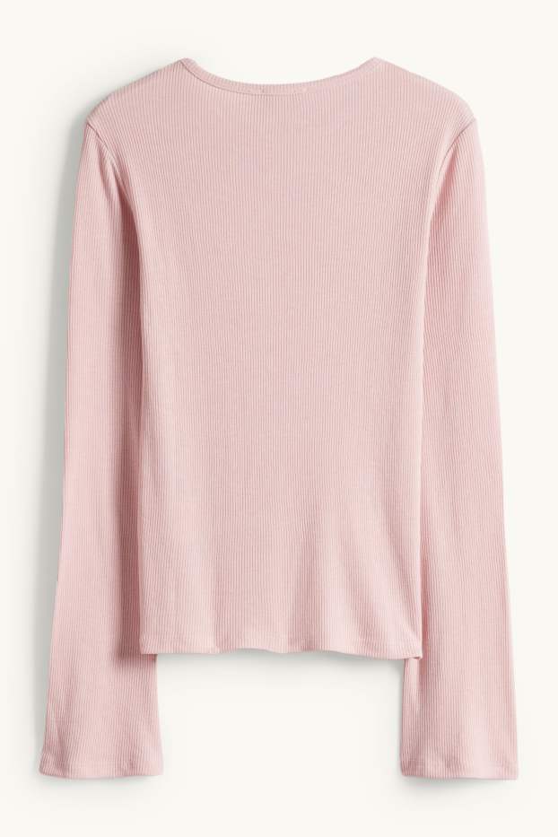 Dámské - Tričko s dlouhým rukávem - slim fit - žebrované - růžová