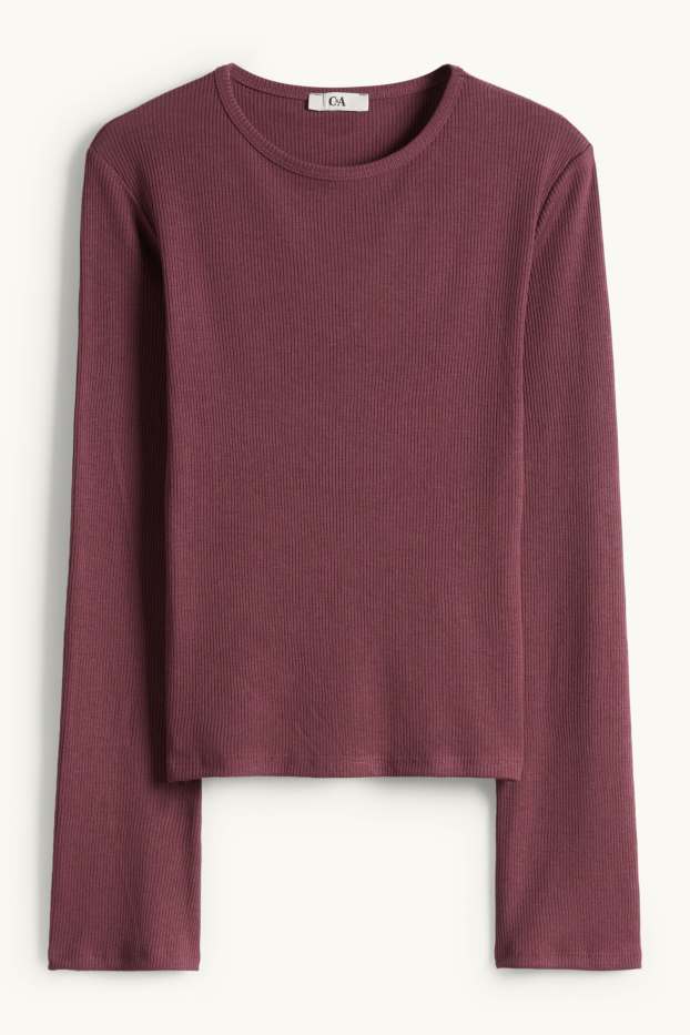 Women - Long sleeve top - slim fit - ribbed - bordeaux