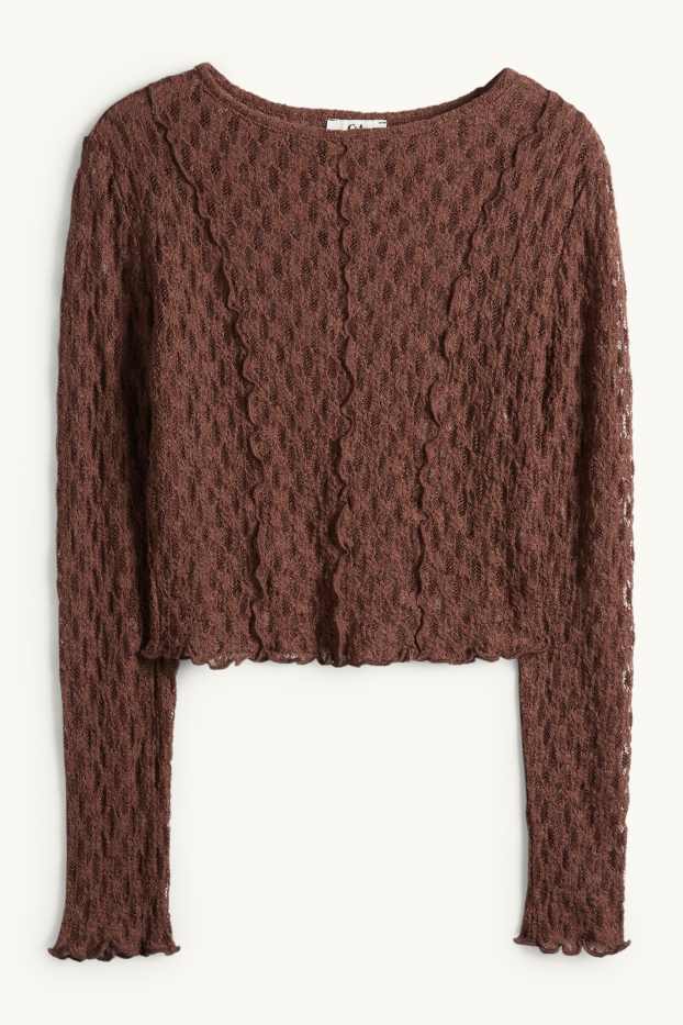 Dámské - Krátké tričko s dlouhým rukávem - slim fit - tmavohnědá