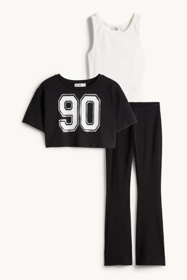 Enfants filles - Ensemble - T-shirt, débardeur et pantalon de jogging - 3 pièces - noir / blanc