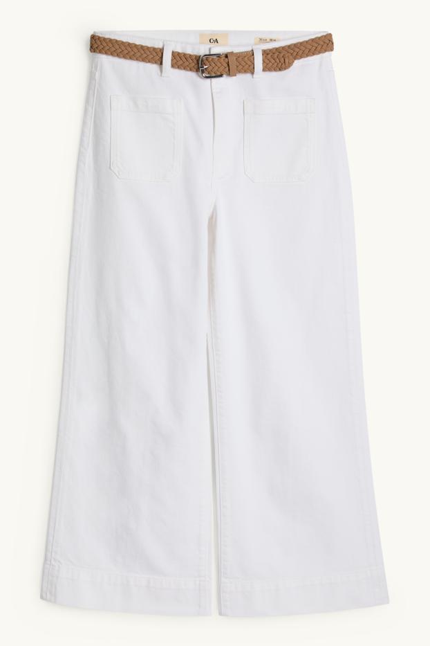 Femei - Wide leg jeans crop cu curea - talie medie - alb