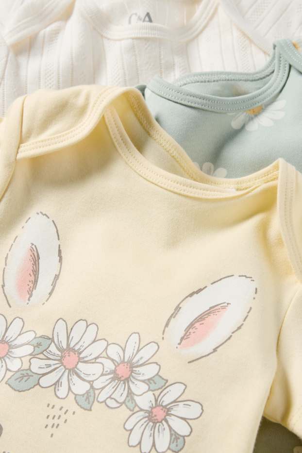 Baby Mädchen - Multipack 3er - Häschen und Blümchen - Baby-Body - hellgelb