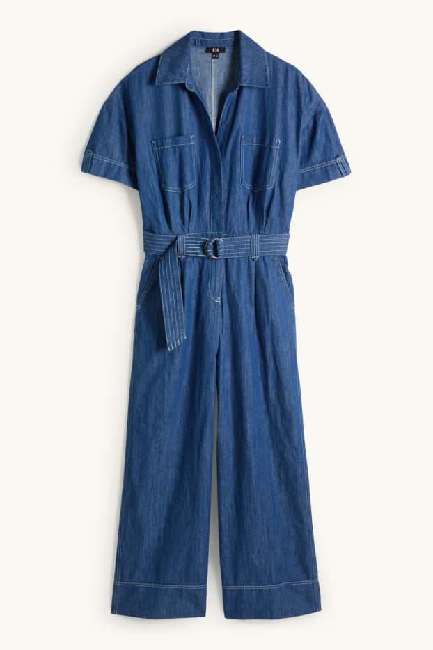Damen - Jeans-Jumpsuit mit Gürtel - dunkelblau