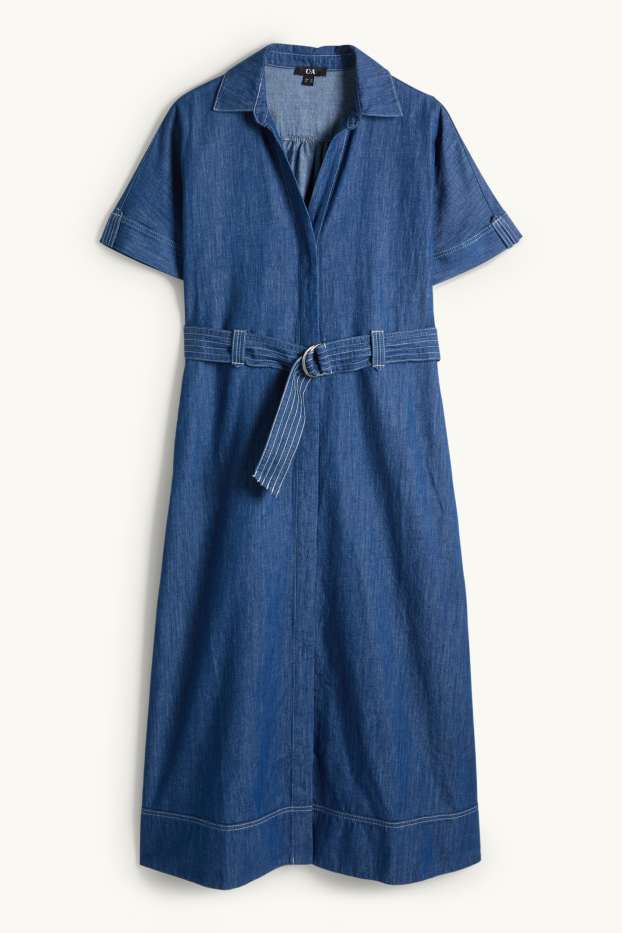 Dames - Denim blousejurk met ceintuur - donkerblauw