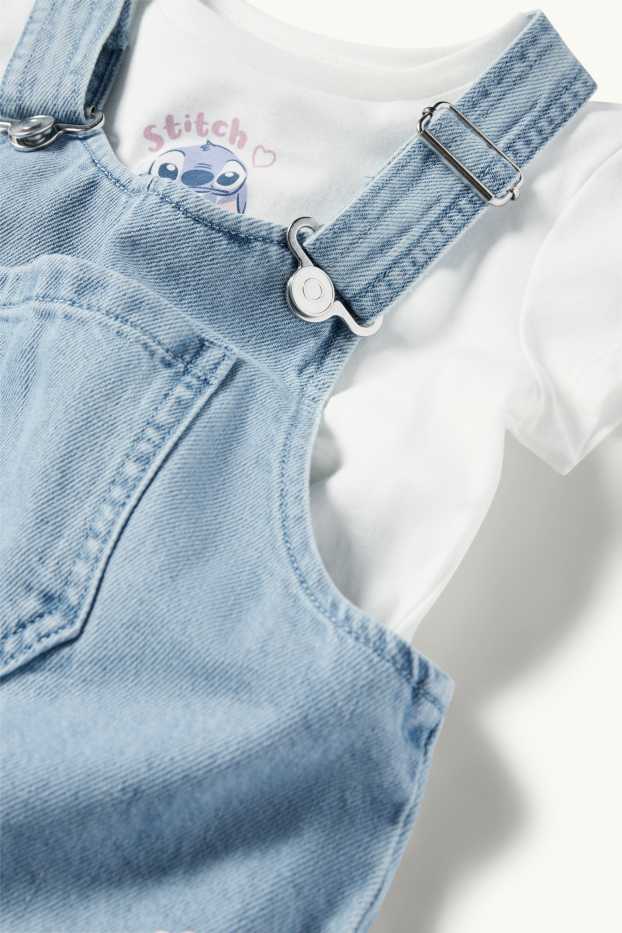 Bambine - Lilo & Stitch - set - maglia a maniche corte e salopette di jeans - bianco / azzurro
