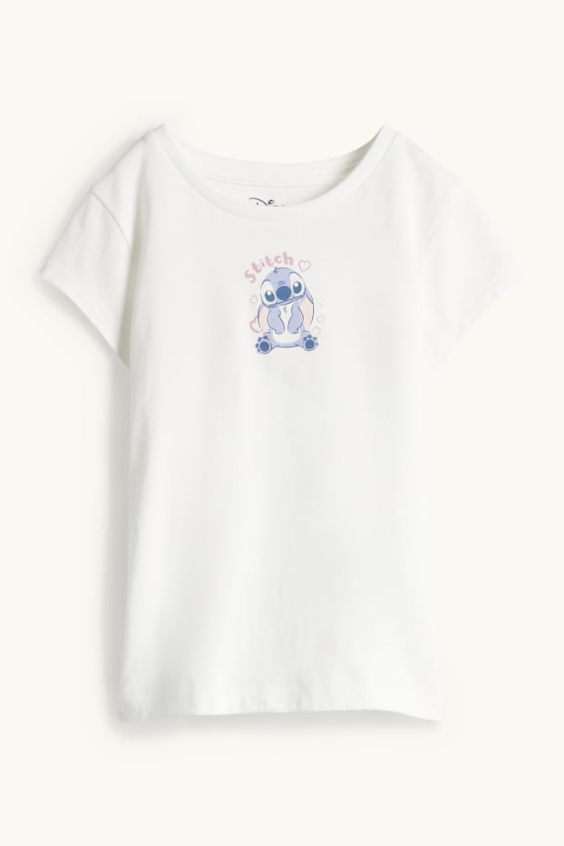Bambine - Lilo & Stitch - set - maglia a maniche corte e salopette di jeans - bianco / azzurro