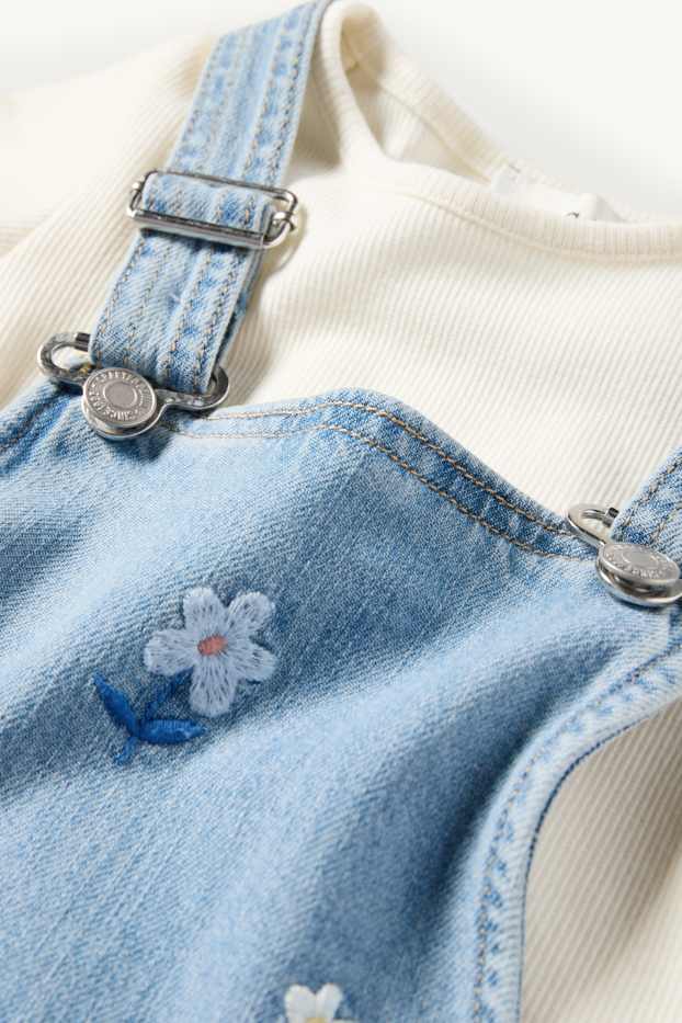 Děti - dívky - Květiny - souprava - tričko s krátkým rukávem a džínové šaty s laclem - 2dílná - modrá/krémová