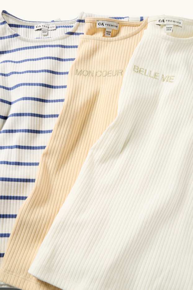 Enfants filles - Lot de 3 - T-shirts - finition côtelée - effet brillant - blanc crème