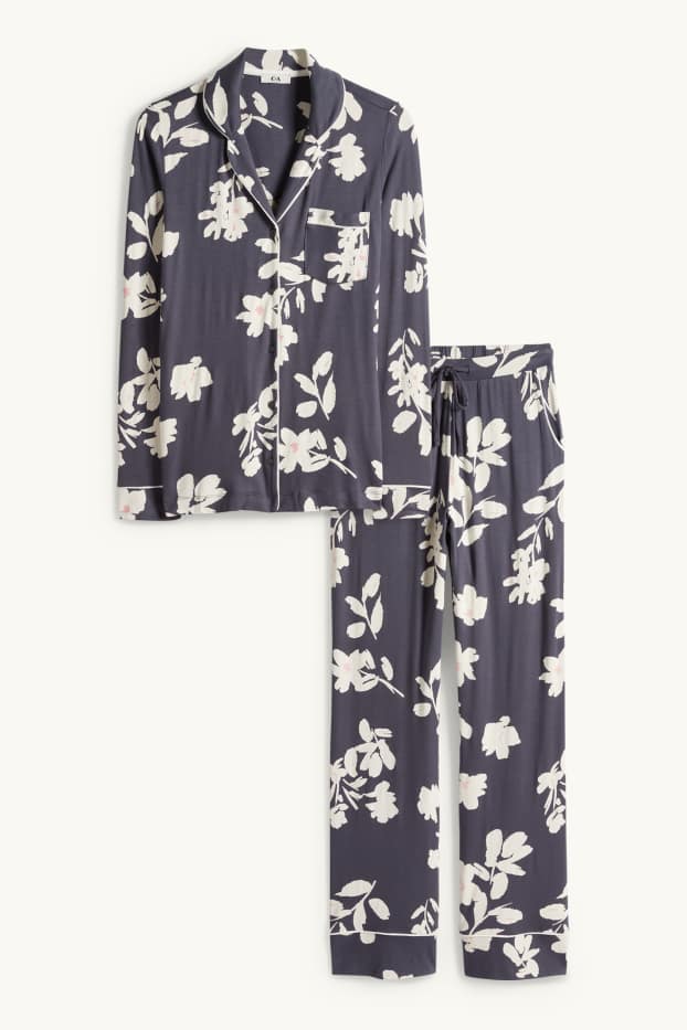 Women - Viscose pyjamas - floral - dark blue / creme white