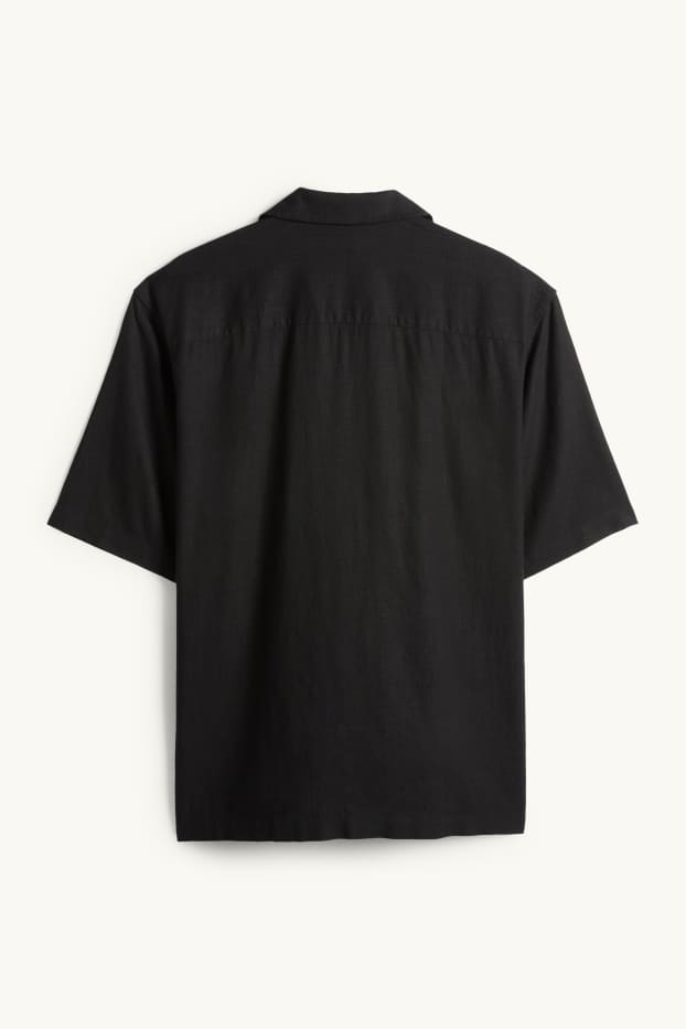 Pánské - Košile s lněným podílem - relaxed fit - klopový límec - černá