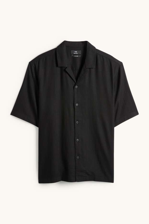 Pánské - Košile s lněným podílem - relaxed fit - klopový límec - černá