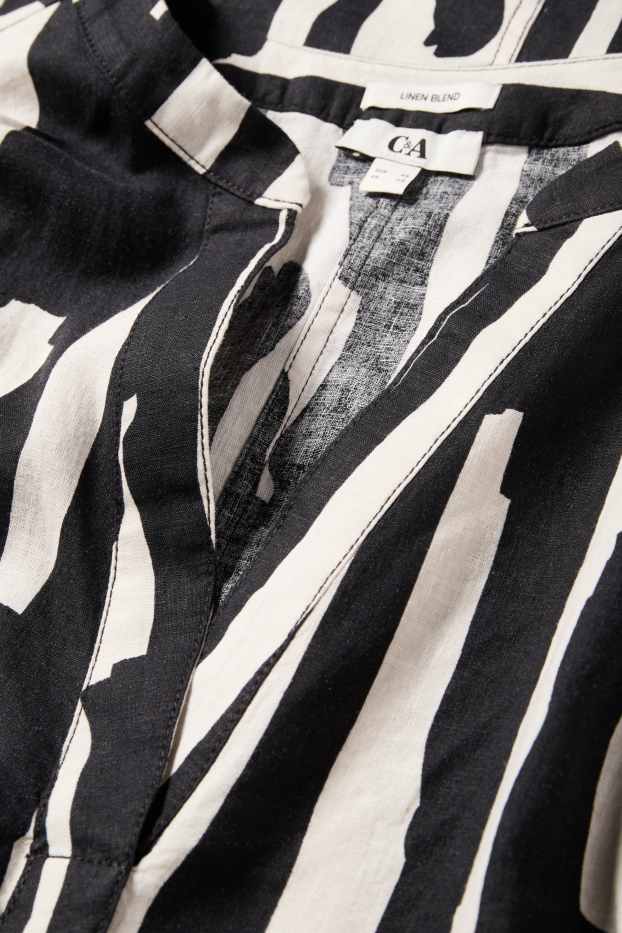 Femei - Bluză cu decolteu în V - amestec de in - cu model - negru / nej