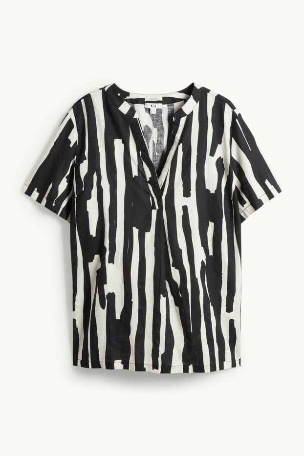 Femei - Bluză cu decolteu în V - amestec de in - cu model - negru / nej