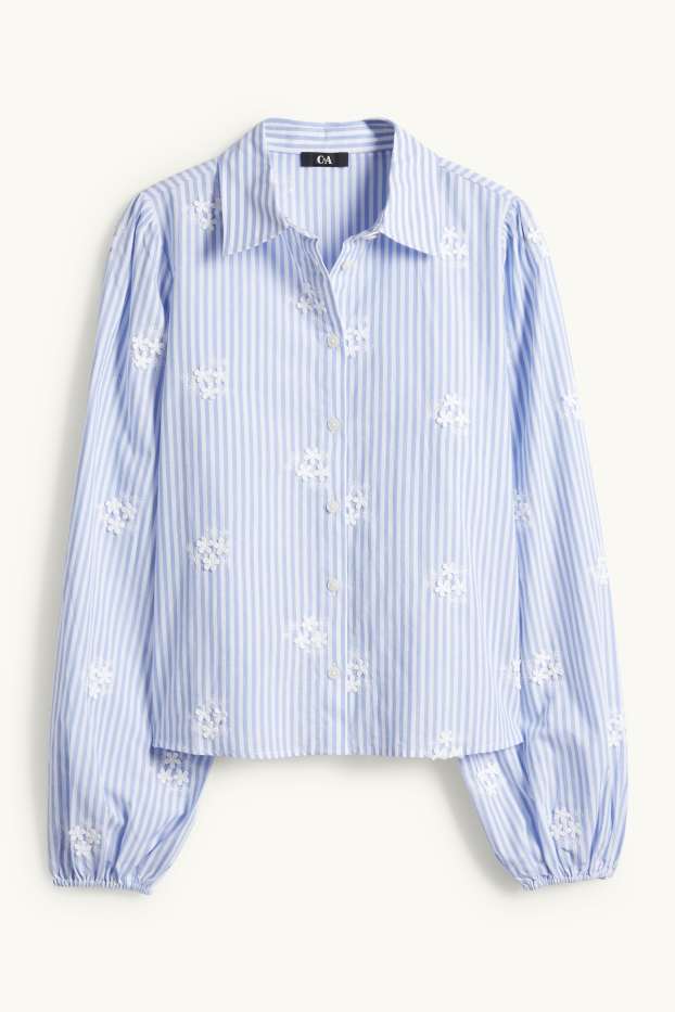 Femei - Bluză tip cămașă - cu dungi - cu flori - alb / albastru deschis