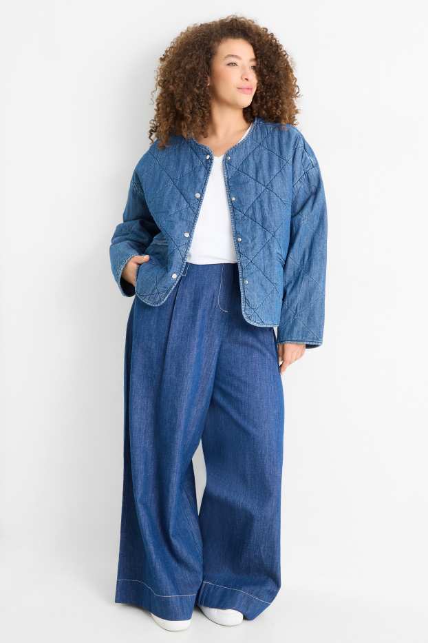 Femei - Pantaloni de stofă - talie înaltă - wide leg - aspect de jeans - denim-albastru