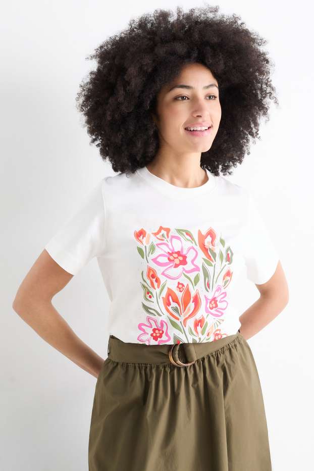 Femmes - T-shirt avec pierres de strass - regular fit - effet brillant - blanc crème