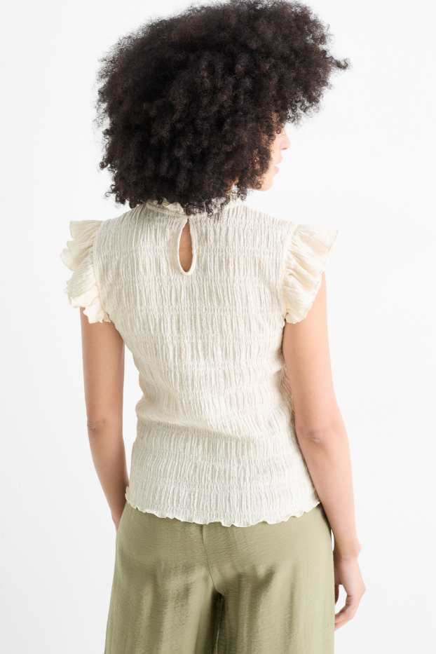 Femmes - T-shirt - regular fit - finition smockée - blanc crème