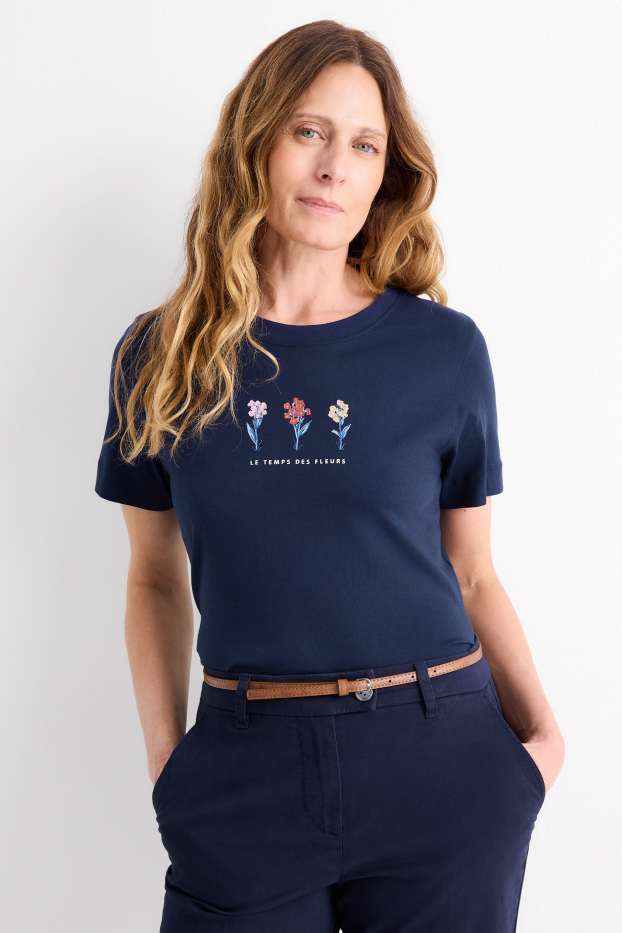 Dames - T-shirt - regular fit - glanseffect - donkerblauw