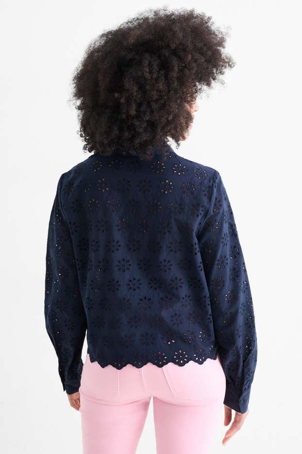 Damen - Bluse - Broderie Anglaise - dunkelblau