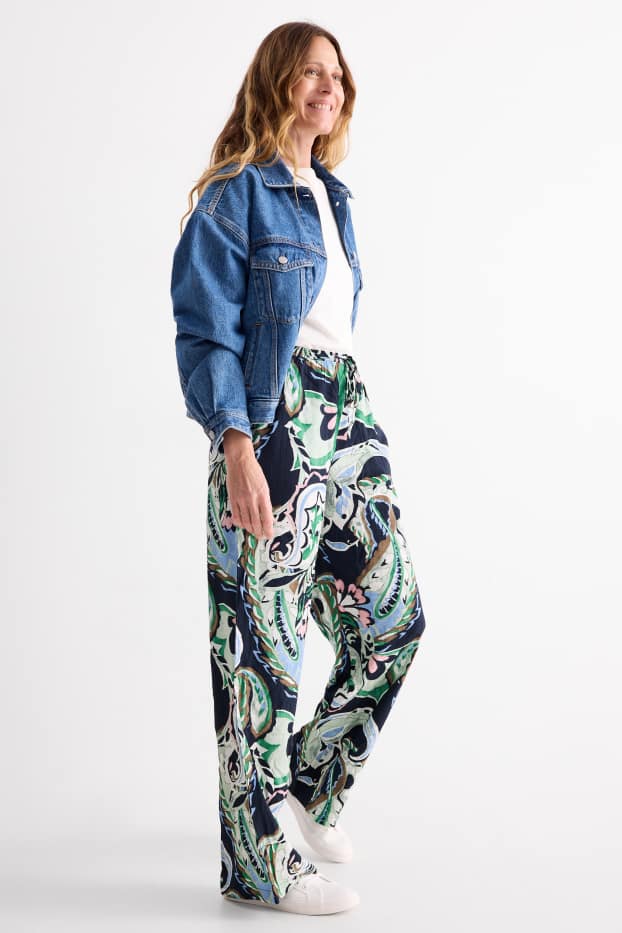 Donna - Pantaloni di stoffa - vita media - gamba ampia - fantasia - verde / blu scuro