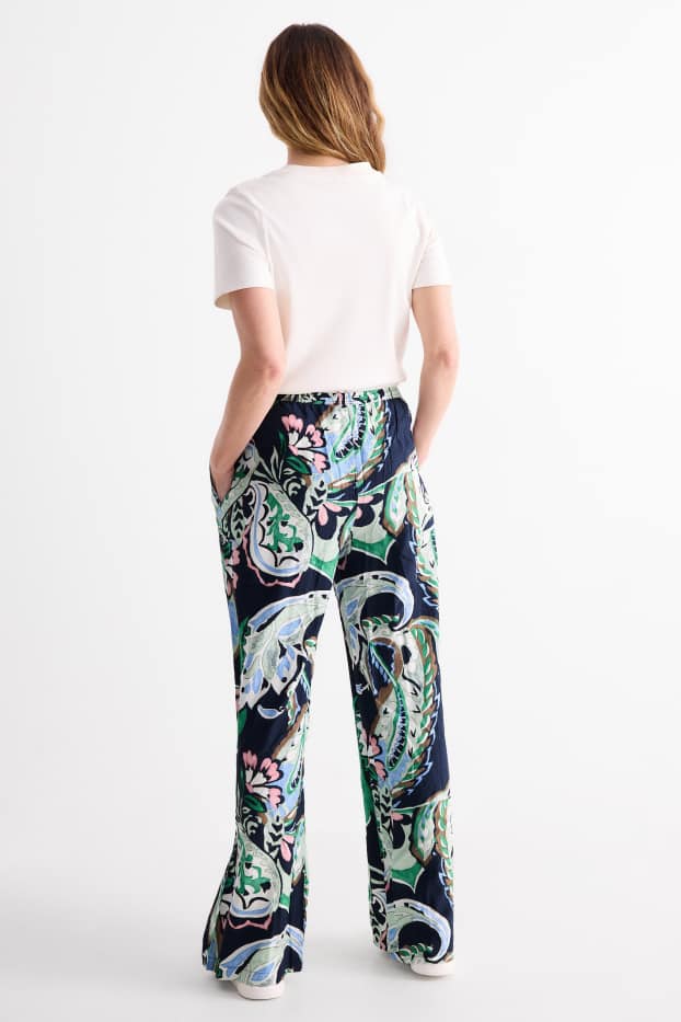 Donna - Pantaloni di stoffa - vita media - gamba ampia - fantasia - verde / blu scuro