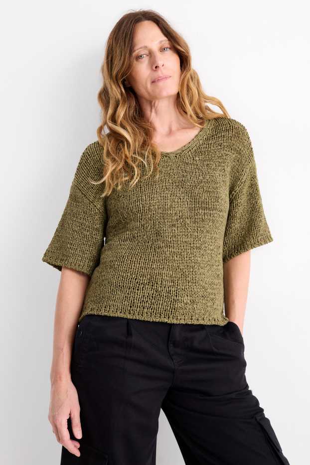 Femmes - Pull en maille - manches courtes - vert foncé
