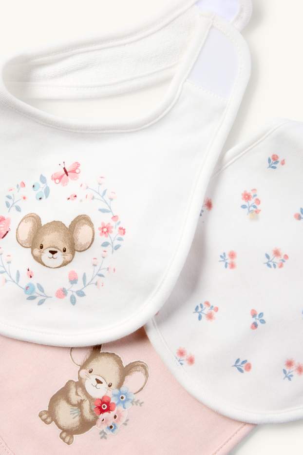 Bébés filles - Lot de 3 - petites fleurs et petite souris - bavoir pour bébé - blanc / rose