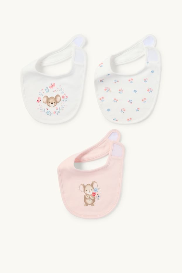 Bébés filles - Lot de 3 - petites fleurs et petite souris - bavoir pour bébé - blanc / rose