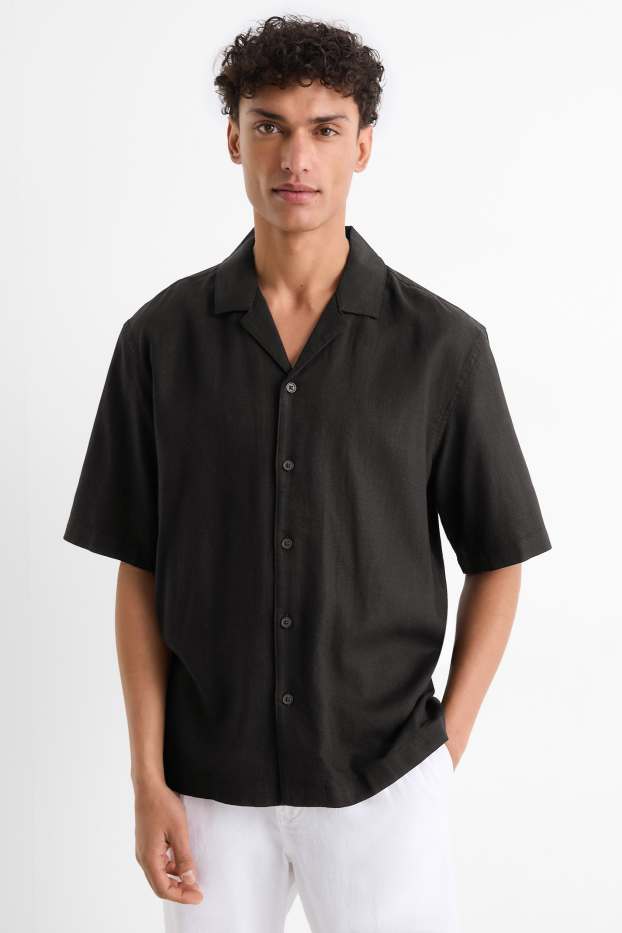 Pánské - Košile s lněným podílem - relaxed fit - klopový límec - černá